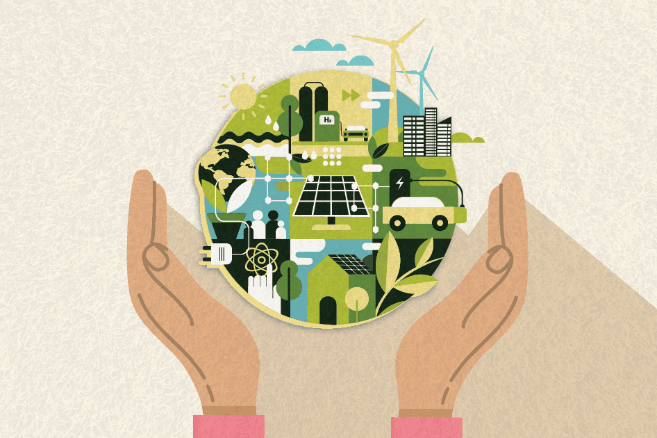 Image of planet earth with green leaves, wind mills, and other symbols representing the environment